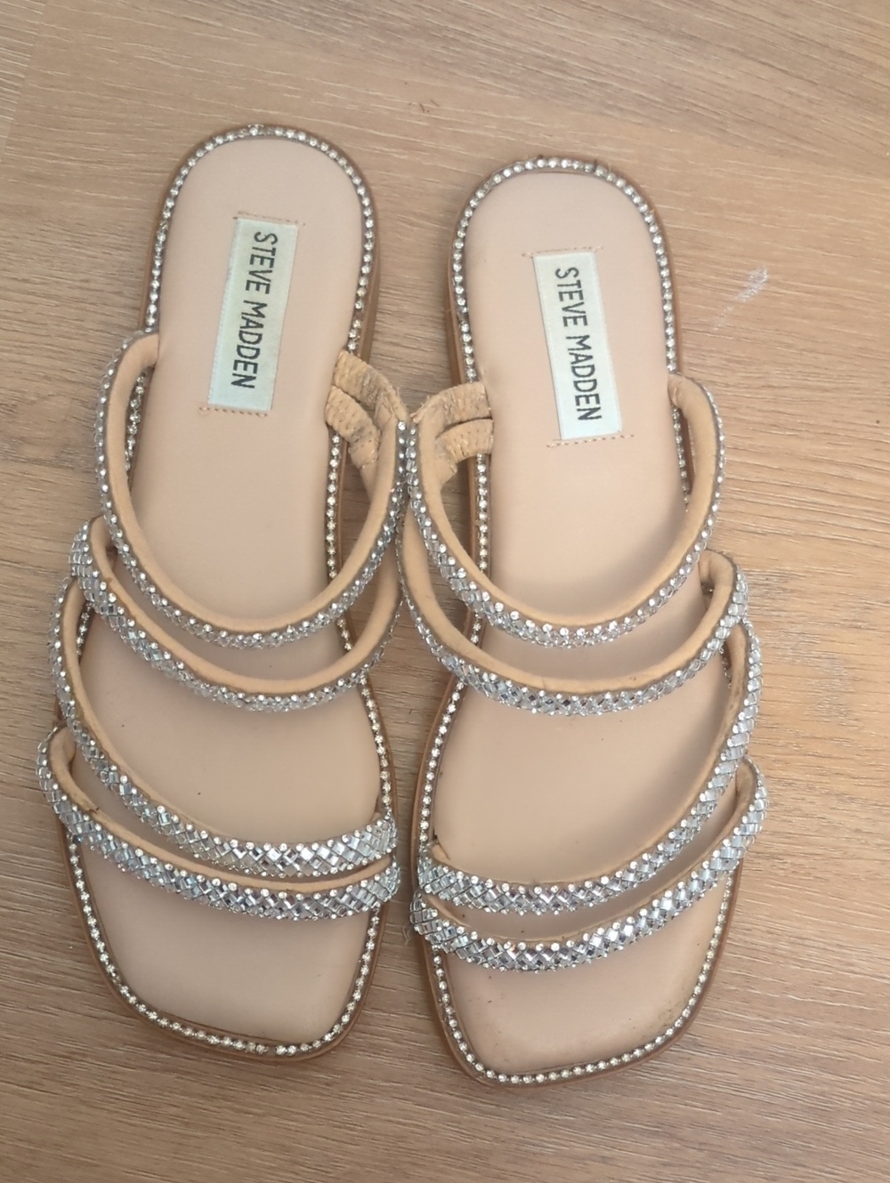 Steve Madden Nude/Tan Rhinestone Triple-Strap Slide Sandals